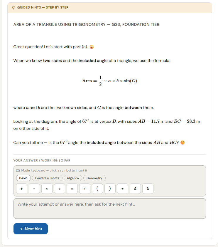Guided Hints step-by-step view showing the AI tutor asking a pupil a follow-up question about a trigonometry problem, with a working space for the pupil to write an answer.
