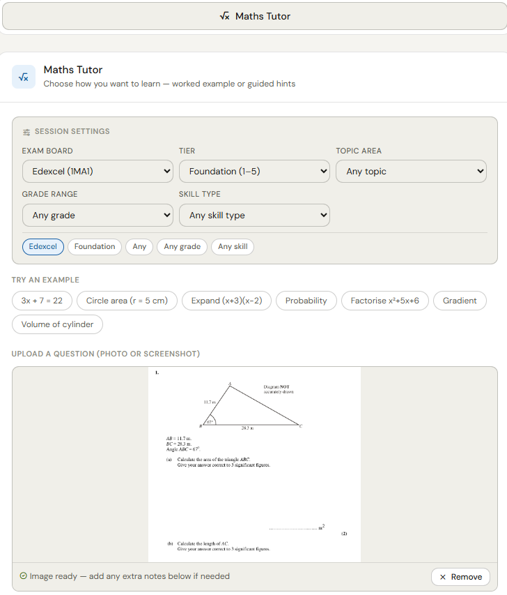 Maths Tutor session settings showing exam board, tier and topic selection, with an uploaded photo of a GCSE geometry question ready for the AI tutor.