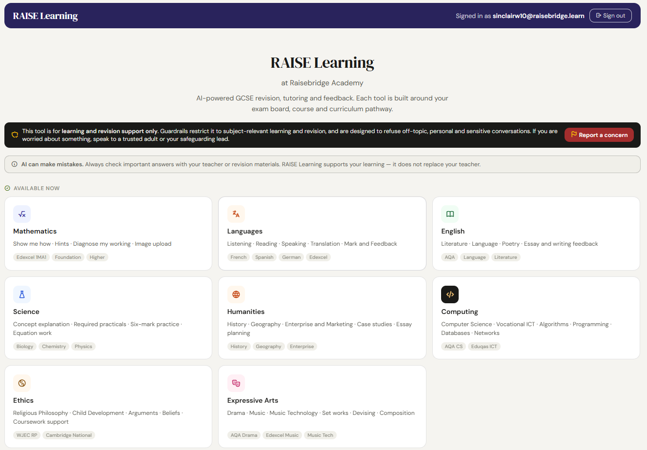 RAISE Learning subject hub showing eight subject area cards, including Mathematics, Languages, English, Science, Humanities, Computing, Ethics and Expressive Arts, each with exam board tags.